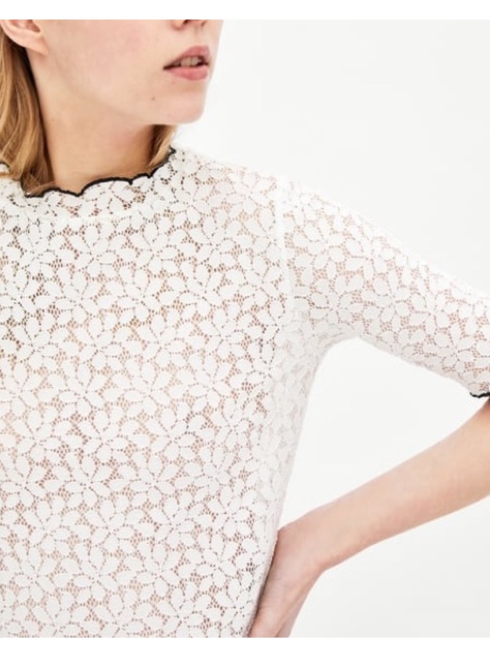 NWOT - Zara White Lace Short Sleeve Top with Black Trim